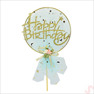 Happy Birthday Tüllü Metal Pasta Süsü, 21cm X 11cm - Mavi