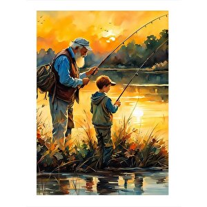 Balık Tutan Dede Ve Torun Tasarım Ahşap Tablo 35cm X50cm 35x50 cm