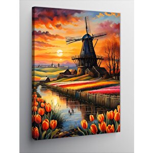 Kanvas Tablo Yel Değirmeni Ve Laleler 50x70 cm