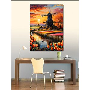 Kanvas Tablo Yel Değirmeni Ve Laleler 50x70 cm