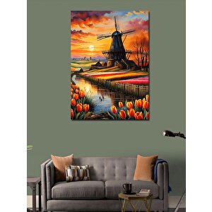 Kanvas Tablo Yel Değirmeni Ve Laleler 50x70 cm