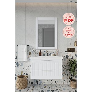 Banyo Erguvan Demonte 80 Cm Beyaz Lavabolu Banyo Dolabı Aynalı Üst Dolap