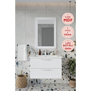 Banyo Erguvan Demonte 80 Cm Beyaz Lavabolu Banyo Dolabı Aynalı Üst Dolap