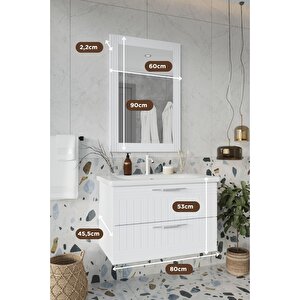 Banyo Erguvan Demonte 80 Cm Beyaz Lavabolu Banyo Dolabı Aynalı Üst Dolap