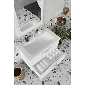 Banyo Erguvan Demonte 80 Cm Beyaz Lavabolu Banyo Dolabı Aynalı Üst Dolap