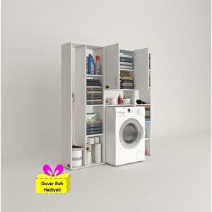 Çamaşır Makinesi Dolabı Veronikamega Byz 180*156*20 Banyo Arkalıksız Raflı + Tekli Duvar Rafı Hediyeli