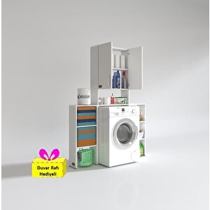 Çamaşır Makinesi Dolabı Veronikamaks Byz 180*096*20 Banyo Arkalıksız Raflı + Tekli Duvar Rafı Hediyeli