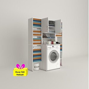 Çamaşır Makinesi Dolabı Hayzummaksduble Byz 180*126*55 Banyo Kiler Çift Kapaklı Arkalıklı + Tekli Duvar Rafı Hediyeli
