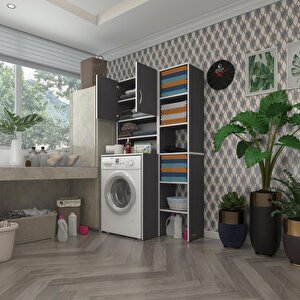 Çamaşır Makinesi Dolabı Hayzummaks Gri 180*096*55 Banyo Kiler Çift Kapaklı Arkalıklı
