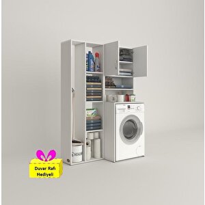 Çamaşır Makinesi Dolabı Hayzumsüpürge Byz 180*126*55 Banyo Kiler Çift Kapaklı Arkalıklı + Tekli Duvar Rafı Hediyeli