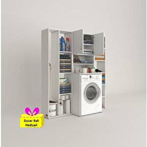 Çamaşır Makinesi Dolabı Hayzummega Byz 180*156*55 Banyo Kiler Çift Kapaklı Arkalıklı + Tekli Duvar Rafı Hediyeli