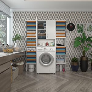 Çamaşır Makinesi Dolabı Sinemmaksdublemdf Byz 180*126*30 % 100 Mdf Full Mdf Banyo Kapaklı Arkalıklı Raflı