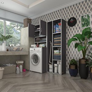 Çamaşır Makinesi Dolabı Hayzumsüpürge Gri 180*126*55 Banyo Kiler Çift Kapaklı Arkalıklı