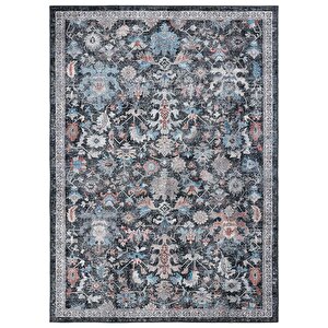 Private Antrasit Halı Eskitme Desenli Vintage Şönil Halı Çiçekli Yıkanabilir salon halısı 75x150 cm