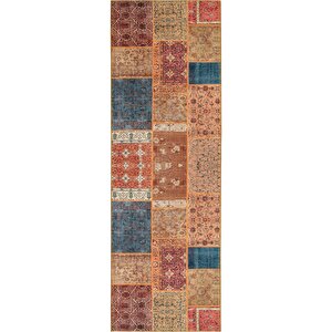 Carnival Renkli Patchwork Halı Yolluk Yıkanabilir Mutfak Halısı Eskitme Vintage Şönil Halı 75x150 cm