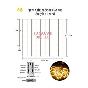 Peri Telli Perde Led Işık Kumandalı 300 Ledli 3 X 3 Metre Usb'li 8 Animasyonlu Günışığı Yıld