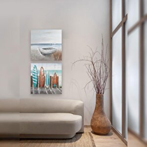 Sahil İkili Set Yağlı Boya Dokulu Tablo Çerçevesiz 100x100 cm