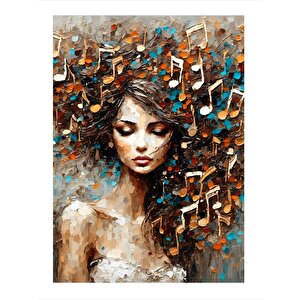 Müzik Notaları Ve Kadın Tasarım Ahşap Tablo 35cm X50cm 35x50 cm