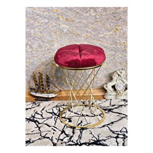 Yuvarlak Gold Kaplama Bordo Puf Oturak - Bench - Ayak Ucu Oturak - Tabure - Makyaj Oturak