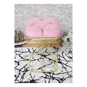 Kare Gold Kaplama Pembe Puf Oturak - Bench - Ayak Ucu Oturak - Tabure - Makyaj Oturak