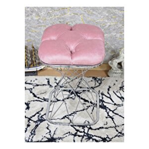 Kare Krom Kaplama Pembe Puf & Bench - Puf Oturak - Bench - Ayak Ucu Oturak - Tabure - Makyaj Oturak