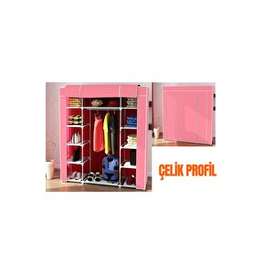 Çift Yandan Raflı Güçlendirilmiş Çelik Profilli Bez Dolap Kumaş Gardırop