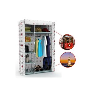 Tek Yandan Raflı İstanbul Baskılı Bez Dolap Pratik Portatif Askılı Çok Raflı Kumaş Gardırop