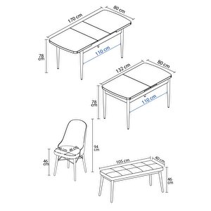 Vals Siyah Mermer Desen 80x132 Mdf Açılabilir Mutfak Masası Takımı 4 Sandalye, 1 Bench