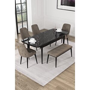 Alya Siyah Mermer Desen 80x132 Mdf Açılabilir Yemek Masası Takımı 4 Sandalye, 1 Bench