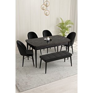 Marsilya Siyah Mermer Desen 80x132 Mdf Açılabilir Mutfak Masası Takımı 4 Sandalye, 1 Bench