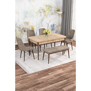 Mona Meşe Desen 80x132 Mdf Açılabilir Yemek Masası Takımı 4 Sandalye, 1 Bench