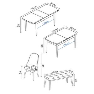 Vals Beyaz Mermer Desen 80x132 Mdf Açılabilir Mutfak Masası Takımı 4 Sandalye, 1 Bench