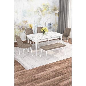 Mona Beyaz Mermer Desen 80x132 Mdf Açılabilir Yemek Masası Takımı 4 Sandalye, 1 Bench