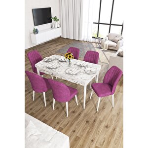 Zeta Beyaz Mermer Desen 80x132 Mdf Açılabilir Mutfak Masası Takımı 6 Adet Sandalye