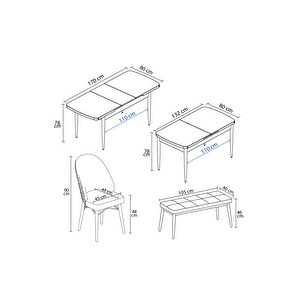 Marsilya Beyaz Mermer Desen 80x132 Mdf Açılabilir Yemek Masası Takımı 4 Sandalye, 1 Bench