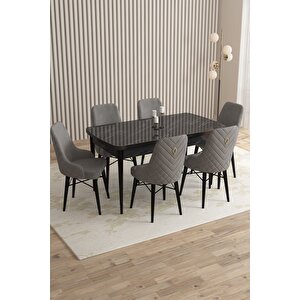 Flora Siyah Mermer Desen 80x132 Mdf Açılabilir Mutfak Masası Takımı 6 Adet Sandalye