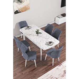 Arel Beyaz Mermer Desen 80x132 Mdf Açılabilir Yemek Masası Takımı 6 Adet Sandalye