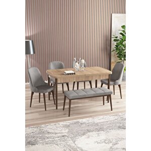 Armin Meşe Desen 80x132 Mdf Açılabilir Mutfak Masası Takımı 4 Sandalye, 1 Bench