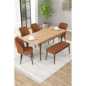 Arel Meşe Desen 80x132 Mdf Açılabilir Mutfak Masası Takımı 4 Sandalye, 1 Bench