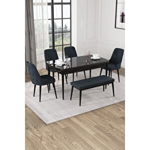 Alya Siyah Mermer Desen 80x132 Mdf Açılabilir Mutfak Masası Takımı 4 Sandalye, 1 Bench