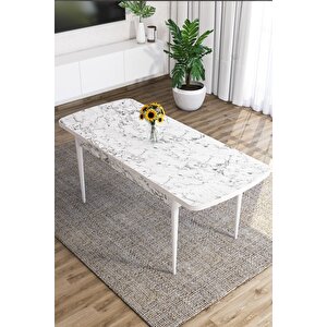 Zeta Beyaz Mermer Desen 80x132 Mdf Açılabilir Mutfak Masası Takımı 6 Adet Sandalye