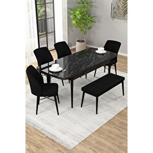 Arel Siyah Mermer Desen 80x132 Mdf Açılabilir Mutfak Masası Takımı 4 Sandalye, 1 Bench