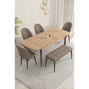 Marsilya Meşe Desen 80x132 Mdf Açılabilir Yemek Masası Takımı 4 Sandalye, 1 Bench