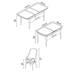 Vals Siyah Mermer Desen 80x132 Mdf Açılabilir Mutfak Masası Takımı 6 Adet Sandalye