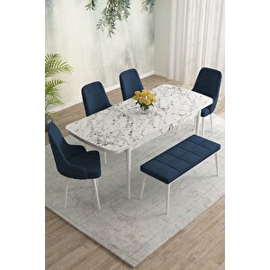 Eylül Beyaz Mermer Desen 80x132 Mdf Açılabilir Yemek Masası Takımı 4 Sandalye, 1 Bench