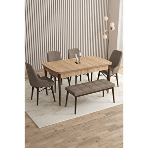 Flora Meşe Desen 80x132 Mdf Açılabilir Mutfak Masası Takımı 4 Sandalye, 1 Bench