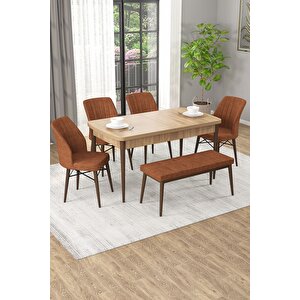 Arel Meşe Desen 80x132 Mdf Açılabilir Mutfak Masası Takımı 4 Sandalye, 1 Bench