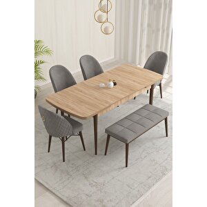 Marsilya Meşe Desen 80x132 Mdf Açılabilir Mutfak Masası Takımı 4 Sandalye, 1 Bench