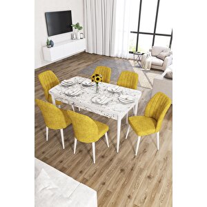 Zeta Beyaz Mermer Desen 80x132 Mdf Açılabilir Mutfak Masası Takımı 6 Adet Sandalye