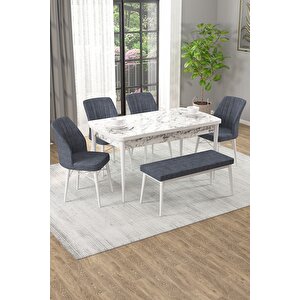 Arel Beyaz Mermer Desen 80x132 Mdf Açılabilir Mutfak Masası Takımı 4 Sandalye, 1 Bench